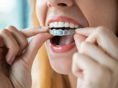 A person inserting a clear dental aligner onto their upper teeth using both hands.